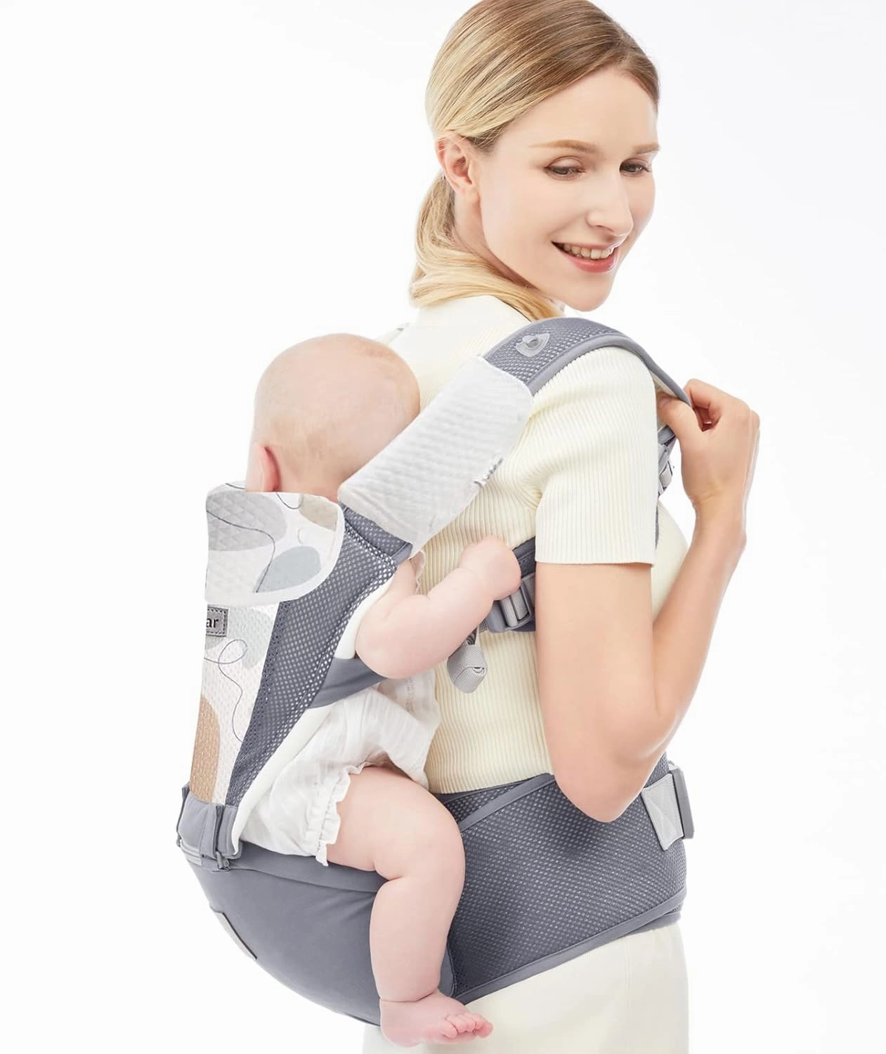 Bebamour Baby Carrier Newborn to Toddler-2 in 1 Hip Seat & Carrier Front and Back Carry with Head Hood & 3 Pieces Teething Pads& Waist Extenders & Storage Bag 0-36 Months (New Grey)