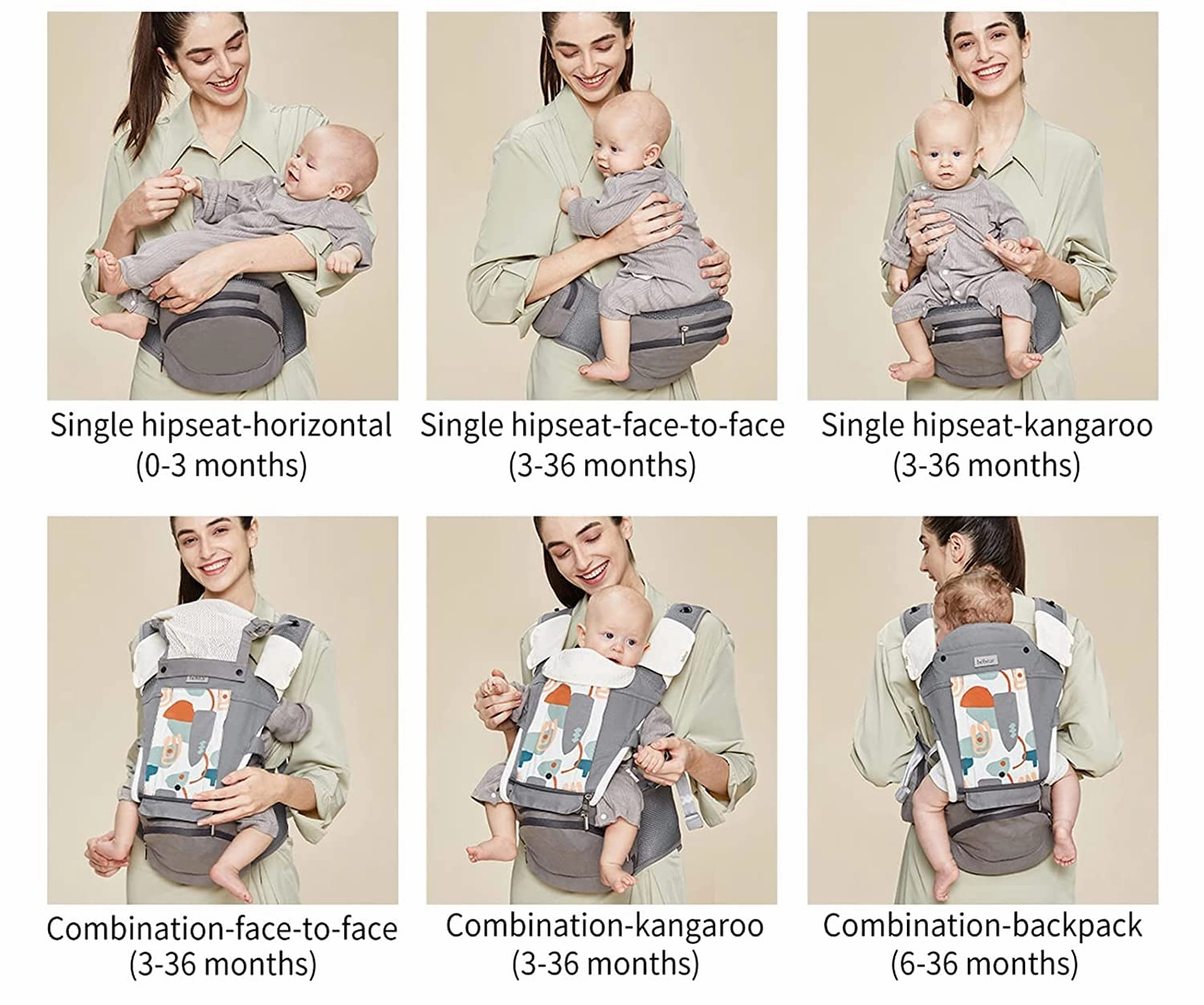 Bebamour Baby Carrier Newborn to Toddler-2 in 1 Hip Seat & Carrier Front and Back Carry with Head Hood & 3 Pieces Teething Pads& Waist Extenders & Storage Bag 0-36 Months (New Grey)