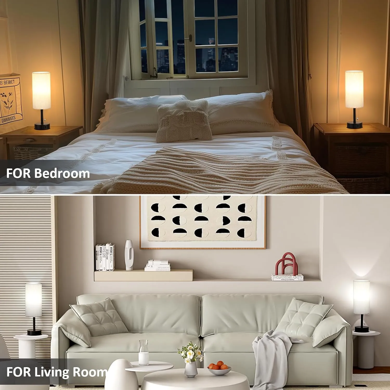 Bedside Table Lamps Set of 2-3 Color Temperatures Pull Chain Lamp with AC Outlet Charging Port, Small Round Night Stand Lamps for Bedroom Guest Room Office, Bed Side Light with E26 LED Bulbs