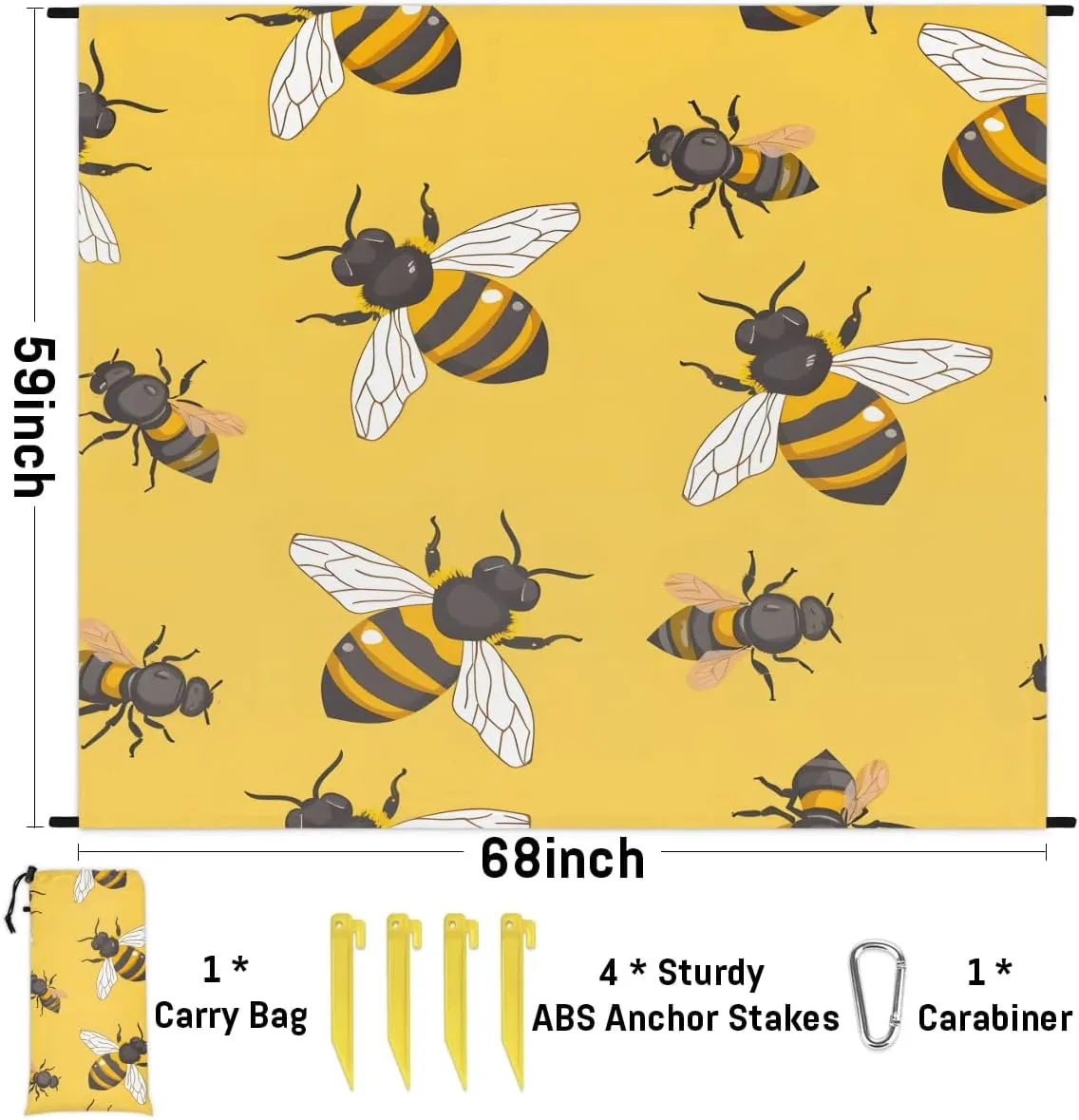 Bee Beach Blanket, Sandproof Beach Mat, 68 x 59 Waterproof Quick Drying Sand Free Mat with 4 x Ground Spikes for Outdoor Travel Camping Hiking, Cute Bee