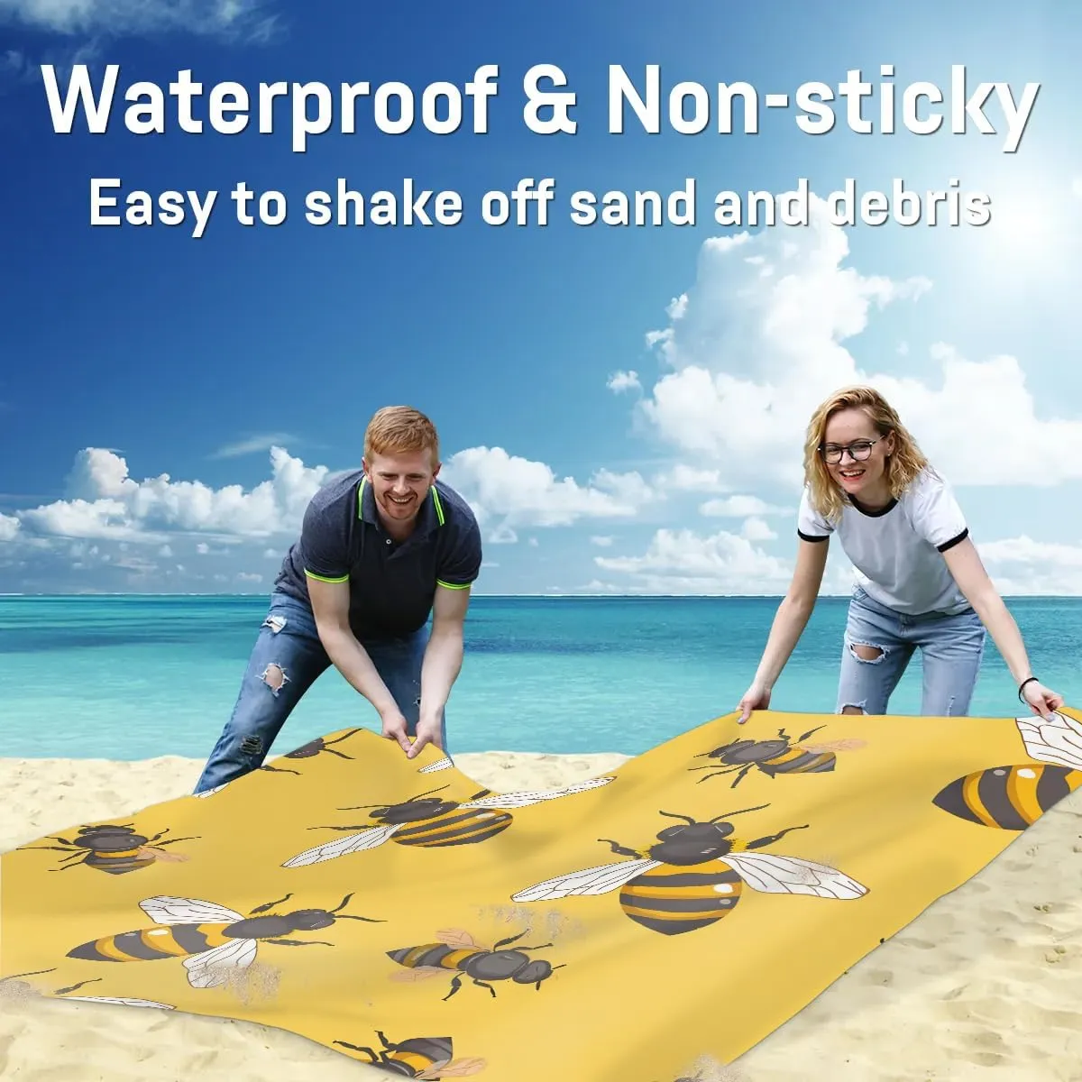 Bee Beach Blanket, Sandproof Beach Mat, 68 x 59 Waterproof Quick Drying Sand Free Mat with 4 x Ground Spikes for Outdoor Travel Camping Hiking, Cute Bee