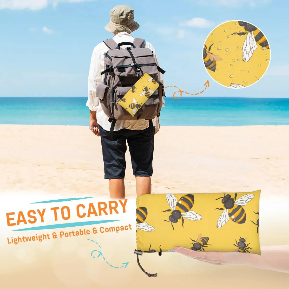 Bee Beach Blanket, Sandproof Beach Mat, 68 x 59 Waterproof Quick Drying Sand Free Mat with 4 x Ground Spikes for Outdoor Travel Camping Hiking, Cute Bee
