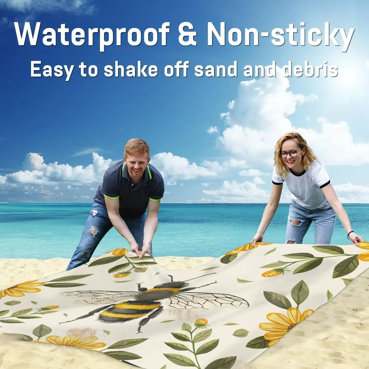 Bee Sunflower Floral Beach Blanket, Sandproof Beach Mat, 68 x 59 Waterproof Quick Drying Sand Free Mat with 4 x Ground Spikes for Outdoor Travel Camping Hiking, Cute Bee Flower