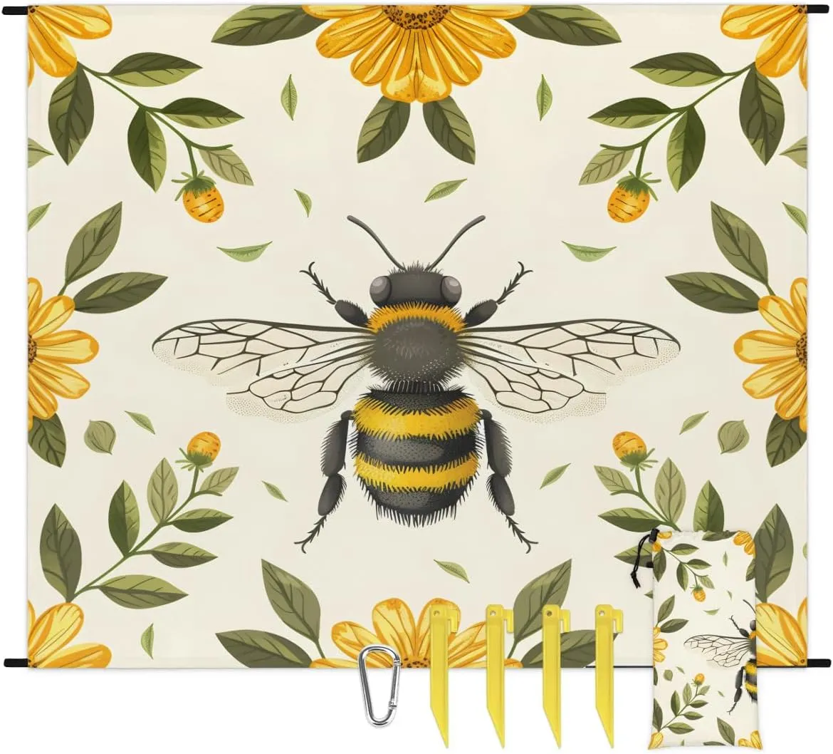 Bee Sunflower Floral Beach Blanket, Sandproof Beach Mat, 68 x 59 Waterproof Quick Drying Sand Free Mat with 4 x Ground Spikes for Outdoor Travel Camping Hiking, Cute Bee Flower