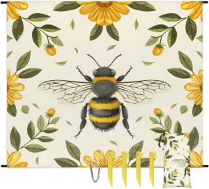 Bee Sunflower Floral Beach Blanket, Sandproof Beach Mat, 68 x 59 Waterproof Quick Drying Sand Free Mat with 4 x Ground Spikes for Outdoor Travel Camping Hiking, Cute Bee Flower