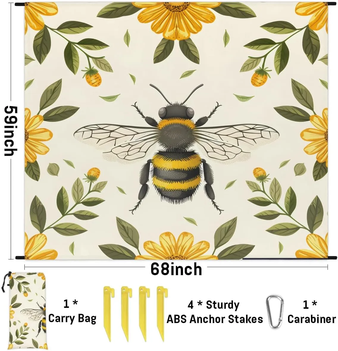 Bee Sunflower Floral Beach Blanket, Sandproof Beach Mat, 68 x 59 Waterproof Quick Drying Sand Free Mat with 4 x Ground Spikes for Outdoor Travel Camping Hiking, Cute Bee Flower
