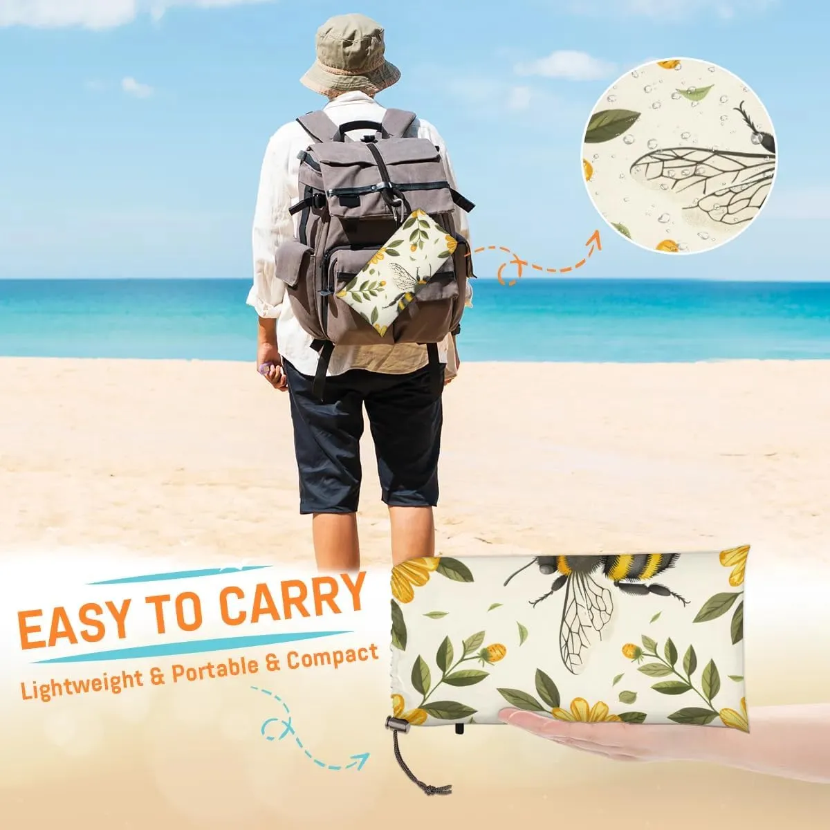 Bee Sunflower Floral Beach Blanket, Sandproof Beach Mat, 68 x 59 Waterproof Quick Drying Sand Free Mat with 4 x Ground Spikes for Outdoor Travel Camping Hiking, Cute Bee Flower