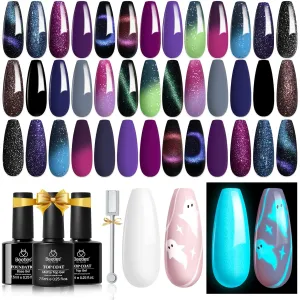 Beetles Gel Nail Polish Kit-20 Colors Glittering Cat Eyes Polish Set with functional Gel Halloween DIY with White Liner Gel 7 ml Luminous Blue Gel Halloween DIY Nail Art Soak Off LED Nail Lamp Needed