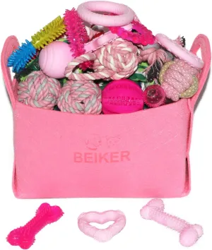 Beiker 20 Pack Pink Puppy Chew Toys - Dog Teething Toys for Puppies, Puppy Toys Toothbrush with Durable Ropes, Soft Dogs Toy Bundle for Small Dogs, Cute Interactive Dog Balls for Chewers