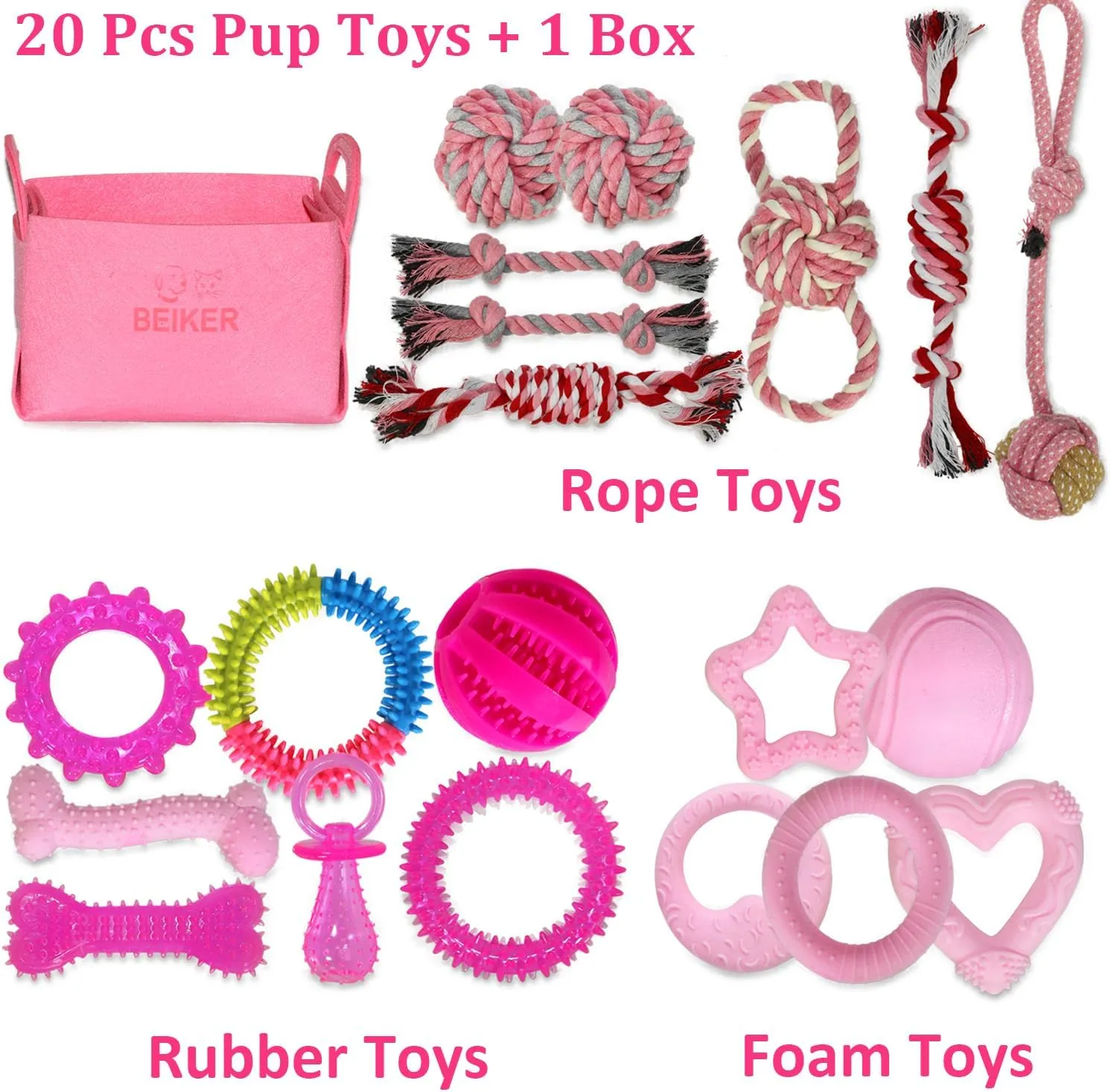 Beiker 20 Pack Pink Puppy Chew Toys - Dog Teething Toys for Puppies, Puppy Toys Toothbrush with Durable Ropes, Soft Dogs Toy Bundle for Small Dogs, Cute Interactive Dog Balls for Chewers