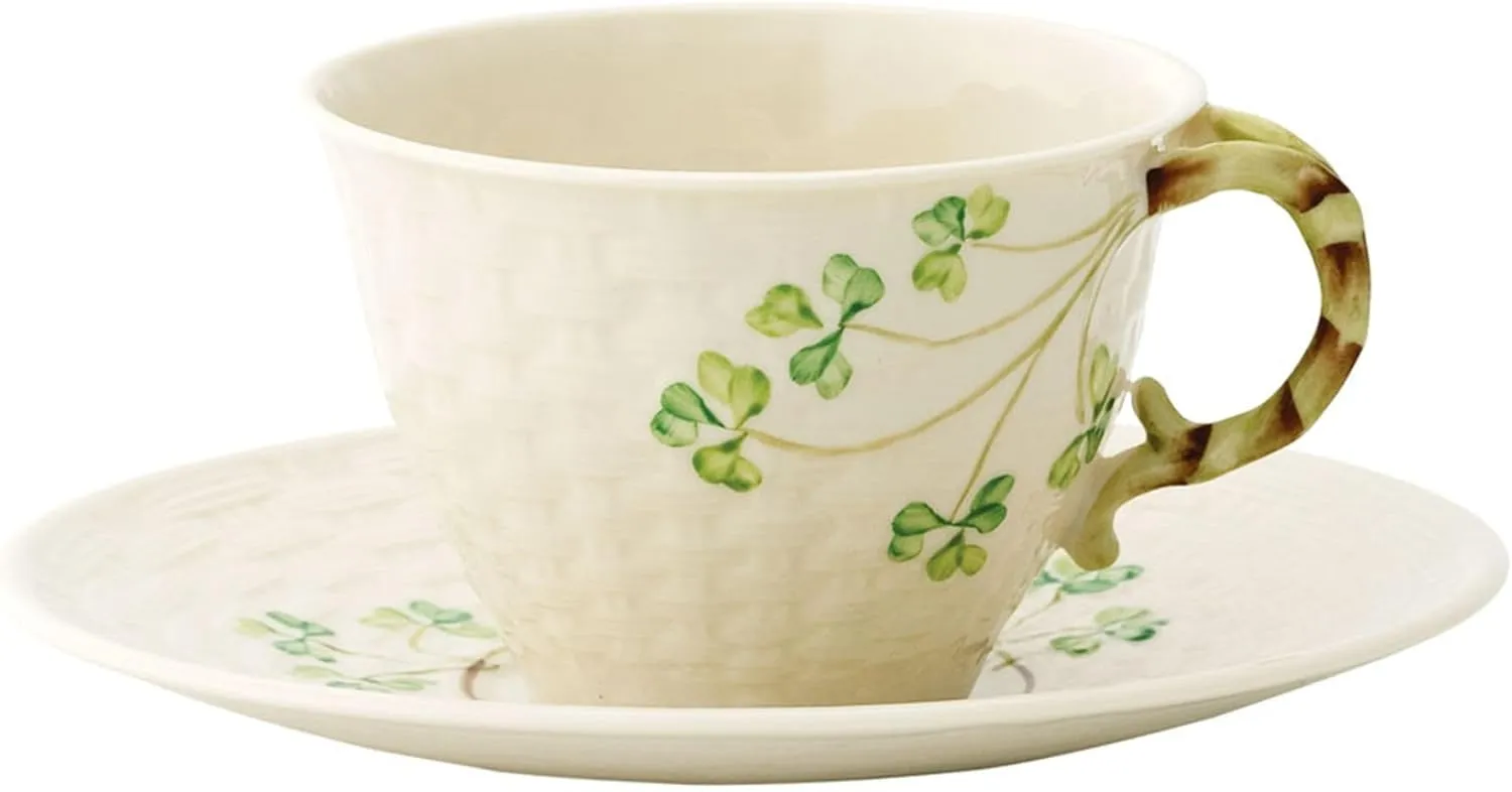 Belleek Classic Shamrock Tea Cup and Saucer Set - Collectible Irish Handmade Fine Parian China Set - Vintage Inspired Teacup and Saucer - Microwave Safe Porcelain Ceramic Tea Set - 6 fl oz