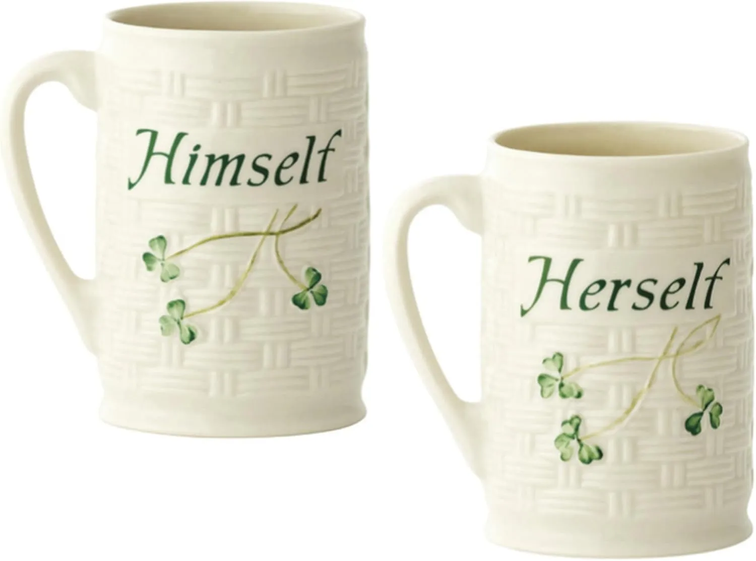 Belleek Himself & Herself Irish Coffee Mugs Set of 2 - Handcrafted Shamrock Ceramic Cups, White, 4.3"W x 4.5"H, 12oz