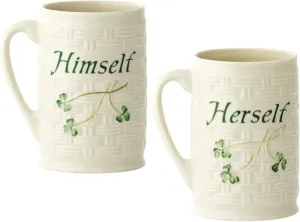 Belleek Himself & Herself Irish Coffee Mugs Set of 2 - Handcrafted Shamrock Ceramic Cups, White, 4.3"W x 4.5"H, 12oz