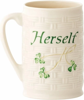 Belleek Herself Irish Coffee Mug - Handcrafted Microwave Safe Ceramic Cup - Fine Parian China Shamrock Decoration, White, 4.3"W x 4.5"H, 12oz