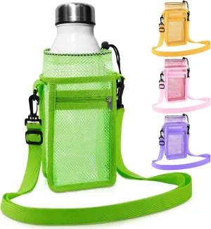 Berlune Water Bottle Holder for 14-30oz Drawstring Water Bottle Carrier with Zipper Pocket Adjustable Mesh Sling Bag for Walk