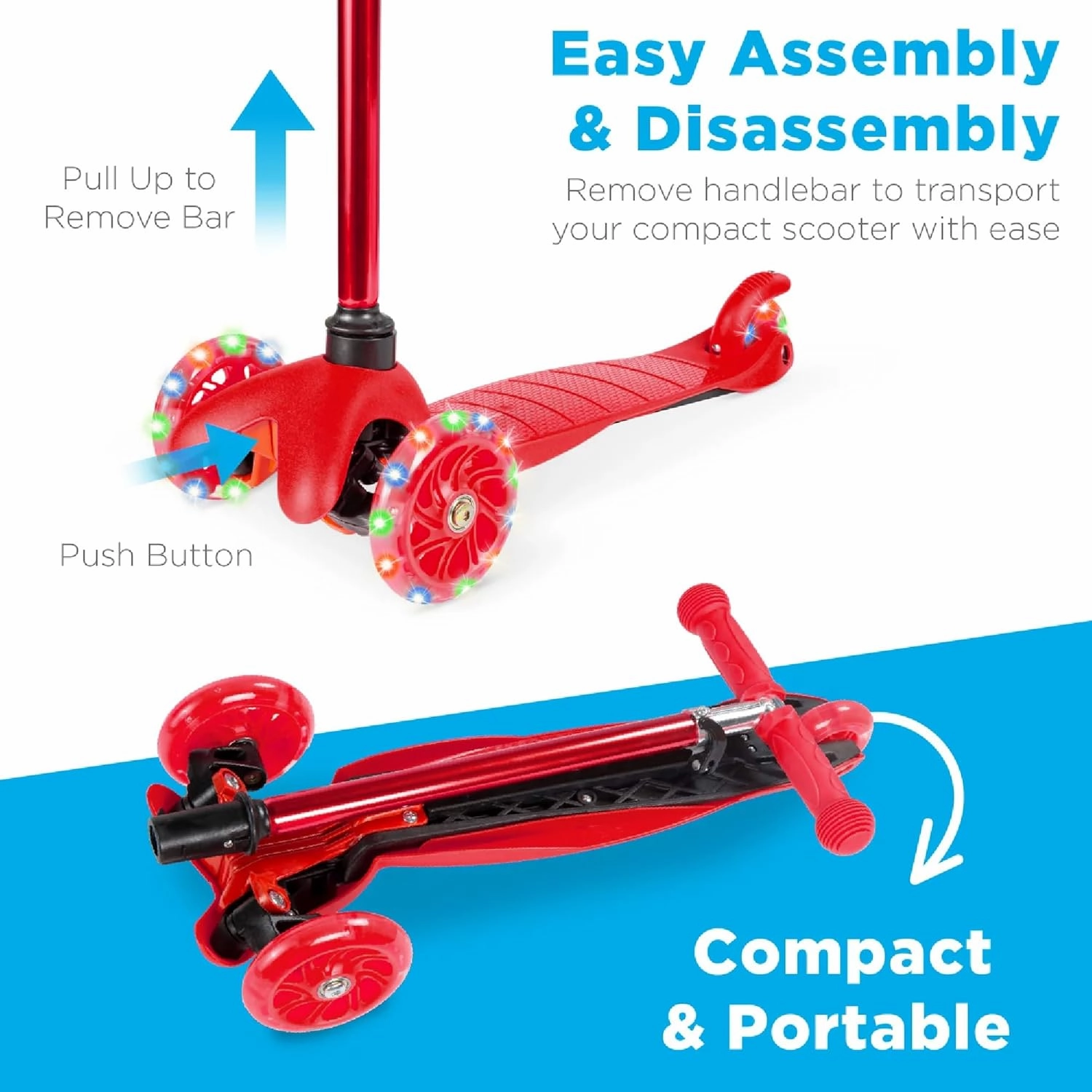 Best Choice Products Kids Mini Kick Scooter Toy w/ Light-Up Wheels, Height Adjustable T-Bar, Foot Break - Red