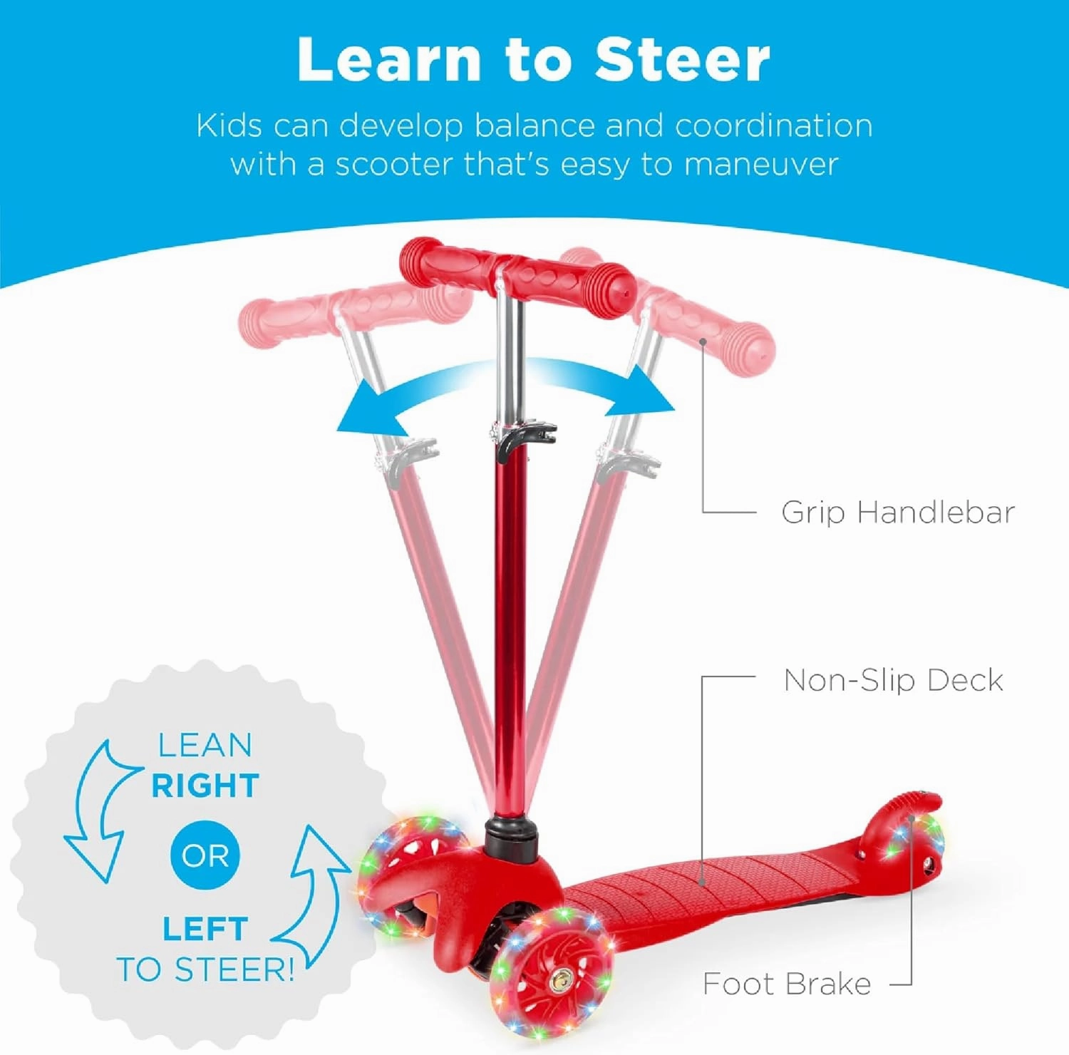 Best Choice Products Kids Mini Kick Scooter Toy w/ Light-Up Wheels, Height Adjustable T-Bar, Foot Break - Red