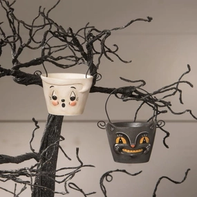 Bethany Lowe Boo & Cat Teeny Halloweenie Pail Ornaments, Set of 2, (JP1054)