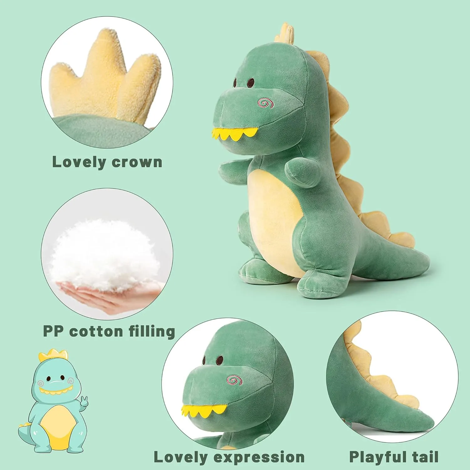 Big Dinosaur Plush Toy, 15.7" Soft Dinosaur Plushie, Cute Dino Stuffed Animal for Boys, Girls, Baby, Kids, Green