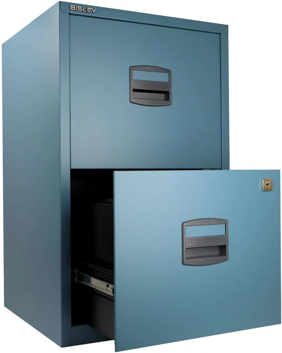 Bisley 2-Drawer Home File Cabinet - Doulton Blue, 2 Hanging File Drawers, Powder-Coated Steel, Sturdy Pull Handles, Locking Drawers