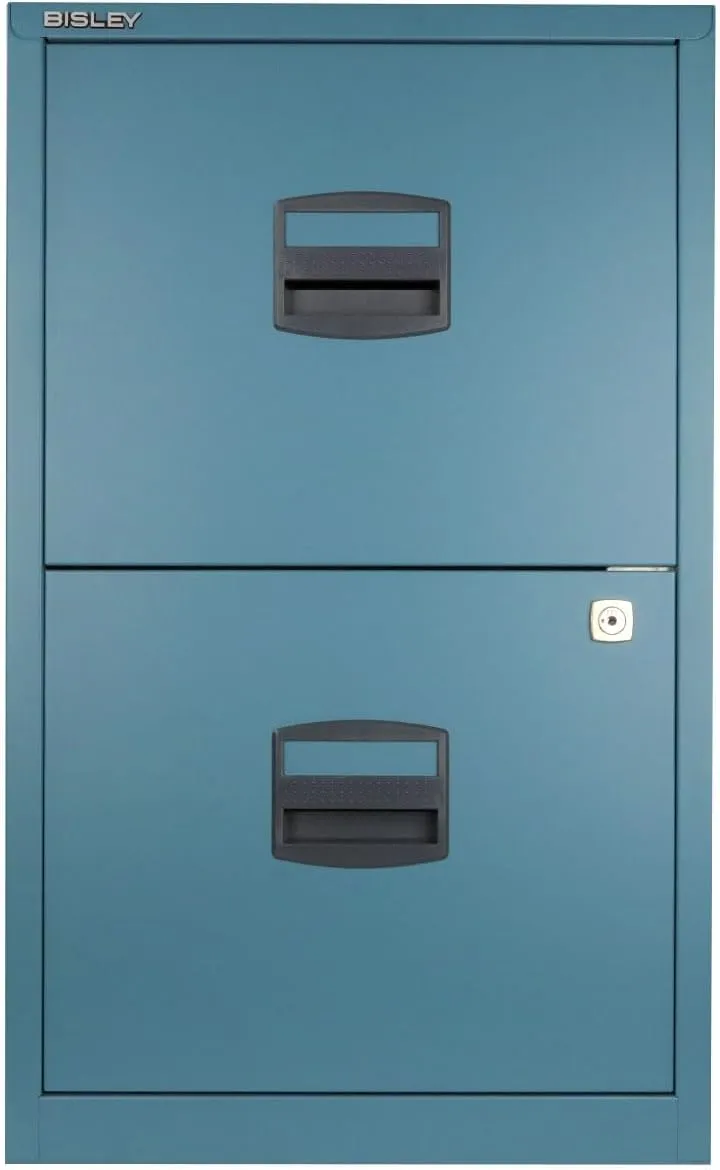Bisley 2-Drawer Home File Cabinet - Doulton Blue, 2 Hanging File Drawers, Powder-Coated Steel, Sturdy Pull Handles, Locking Drawers