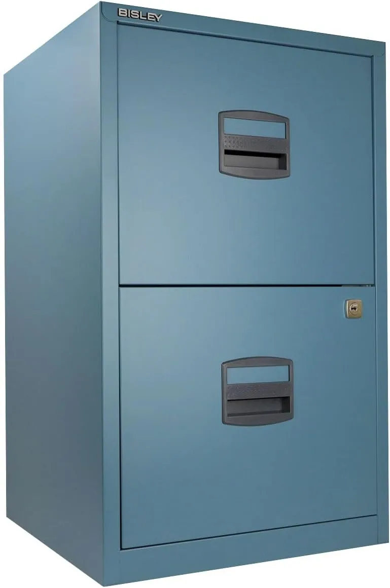 Bisley 2-Drawer Home File Cabinet - Doulton Blue, 2 Hanging File Drawers, Powder-Coated Steel, Sturdy Pull Handles, Locking Drawers