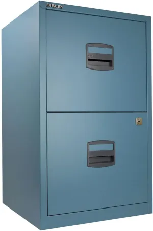 Bisley 2-Drawer Home File Cabinet - Doulton Blue, 2 Hanging File Drawers, Powder-Coated Steel, Sturdy Pull Handles, Locking Drawers