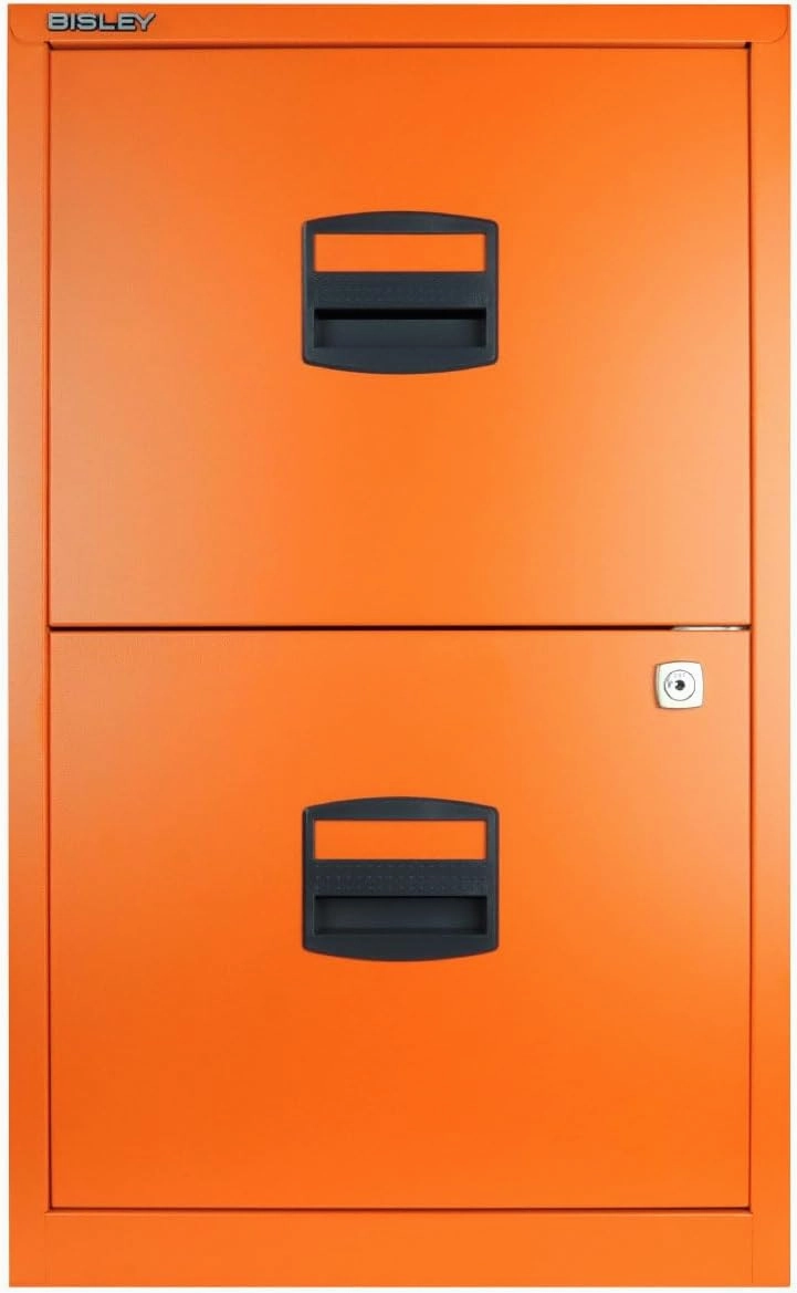 Bisley 2-Drawer Home File Cabinet Orange, 2 Hanging File Drawers, Powder-Coated Steel, Sturdy Pull Handles, Locking Drawers