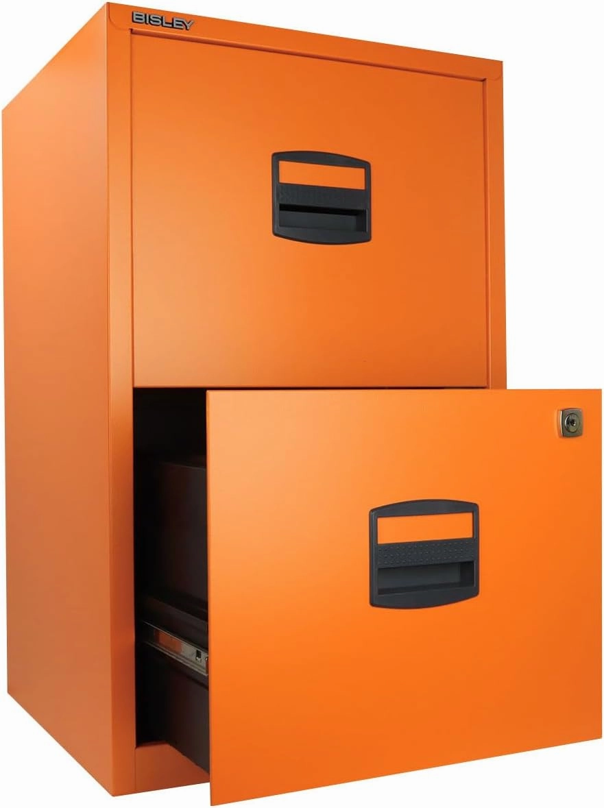 Bisley 2-Drawer Home File Cabinet Orange, 2 Hanging File Drawers, Powder-Coated Steel, Sturdy Pull Handles, Locking Drawers