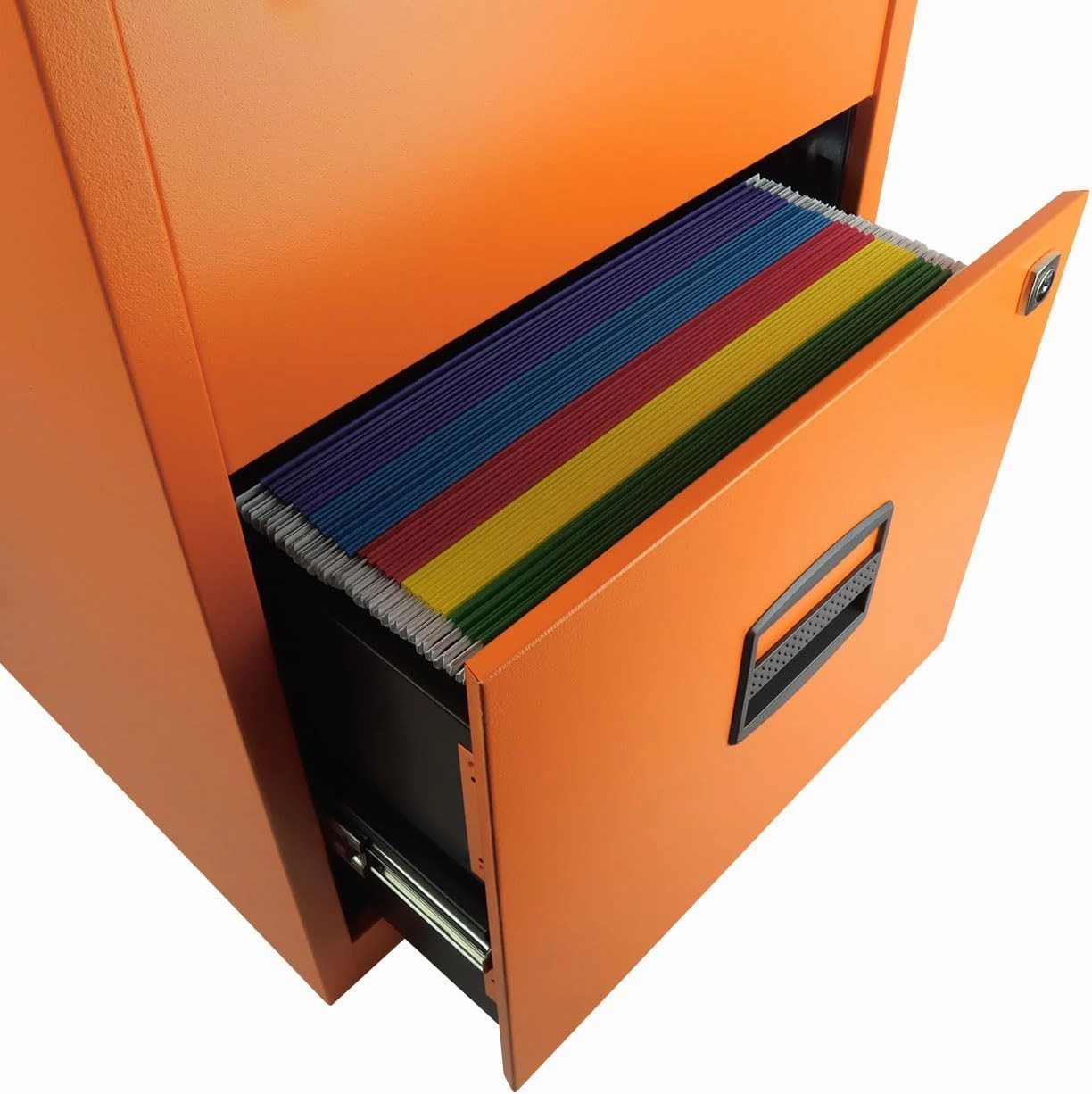 Bisley 2-Drawer Home File Cabinet Orange, 2 Hanging File Drawers, Powder-Coated Steel, Sturdy Pull Handles, Locking Drawers