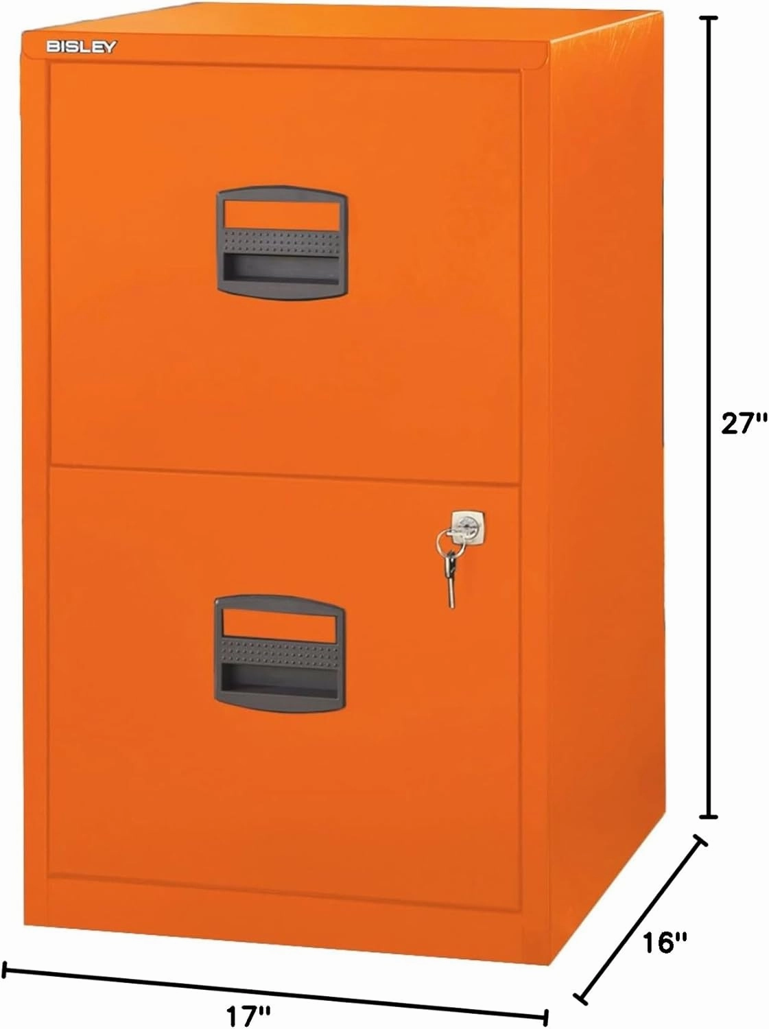 Bisley 2-Drawer Home File Cabinet Orange, 2 Hanging File Drawers, Powder-Coated Steel, Sturdy Pull Handles, Locking Drawers