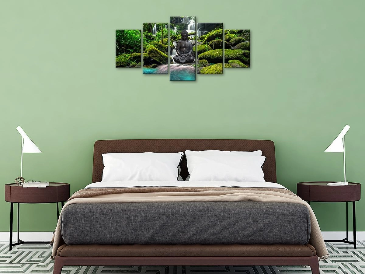 Biufo Zen Canvas Wall Art Prints Buddha under Waterfall Picture Landscape Decor for SPA Yoga Meditation Home (Green, Small)