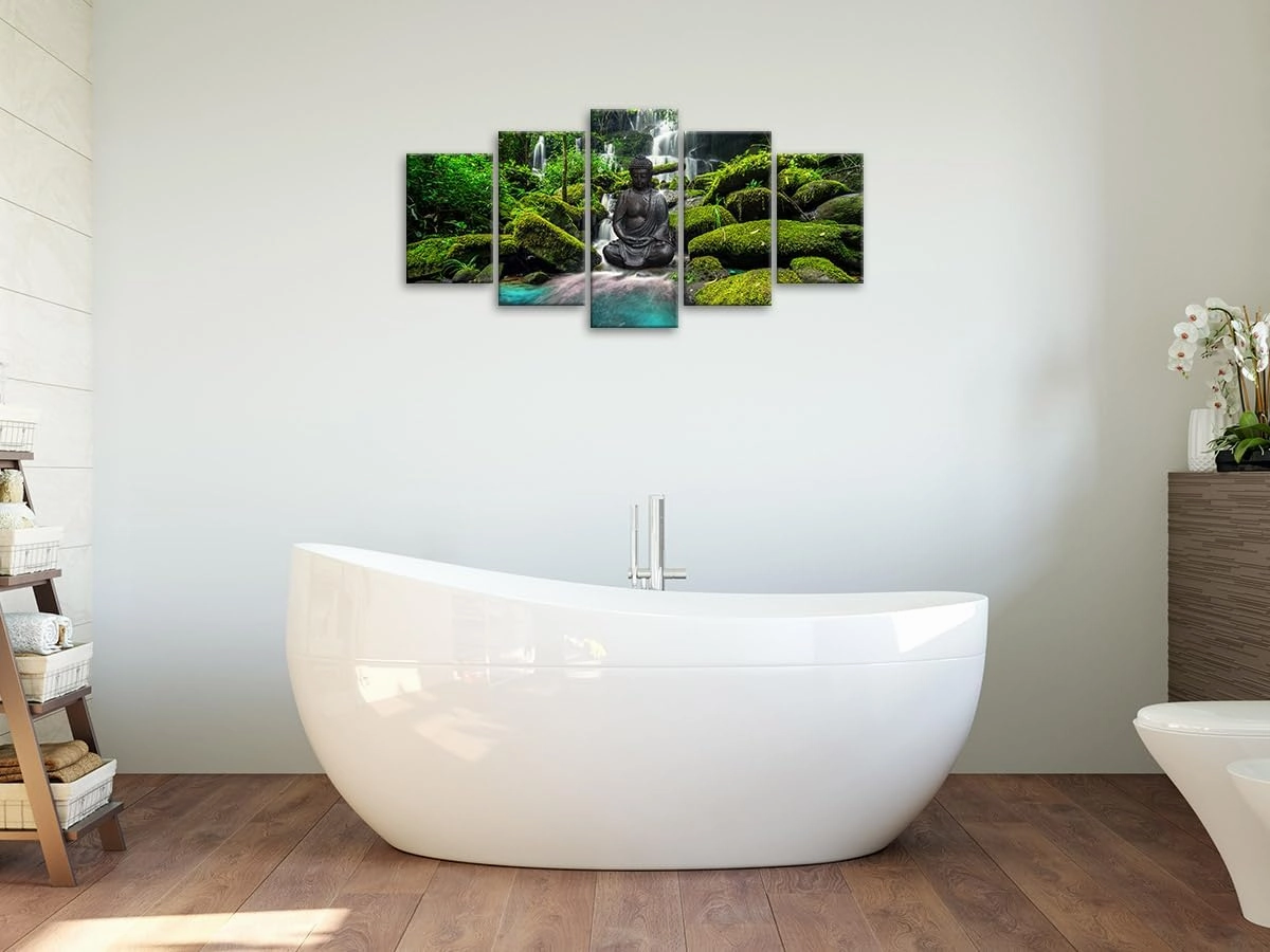 Biufo Zen Canvas Wall Art Prints Buddha under Waterfall Picture Landscape Decor for SPA Yoga Meditation Home (Green, Small)