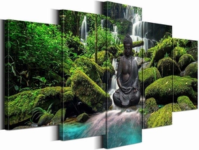 Biufo Zen Canvas Wall Art Prints Buddha under Waterfall Picture Landscape Decor for SPA Yoga Meditation Home (Green, Small)