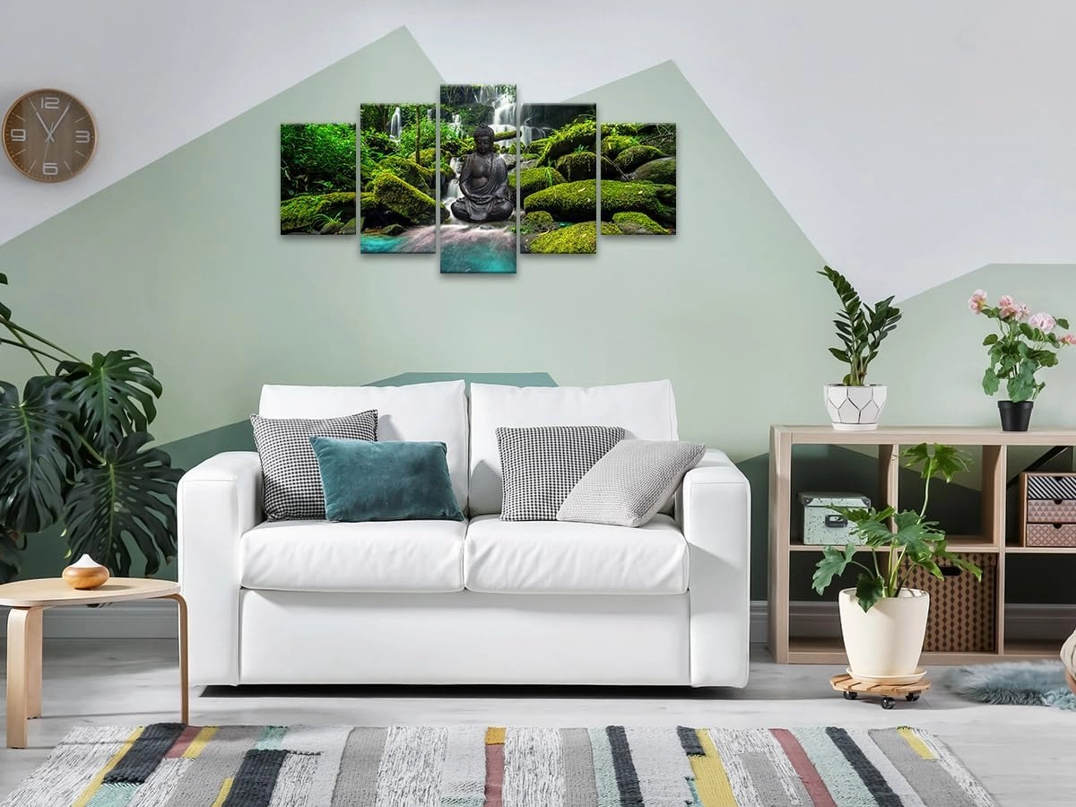 Biufo Zen Canvas Wall Art Prints Buddha under Waterfall Picture Landscape Decor for SPA Yoga Meditation Home (Green, Small)