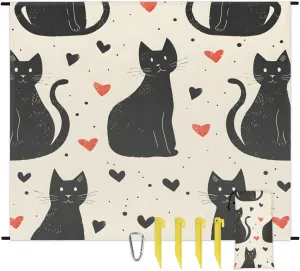 Black Cat Beach Blanket, Sandproof Beach Mat, 68 x 59 Waterproof Quick Drying Sand Free Mat with 4 x Ground Spikes for Outdoor Travel Camping Hiking, Cute Cat