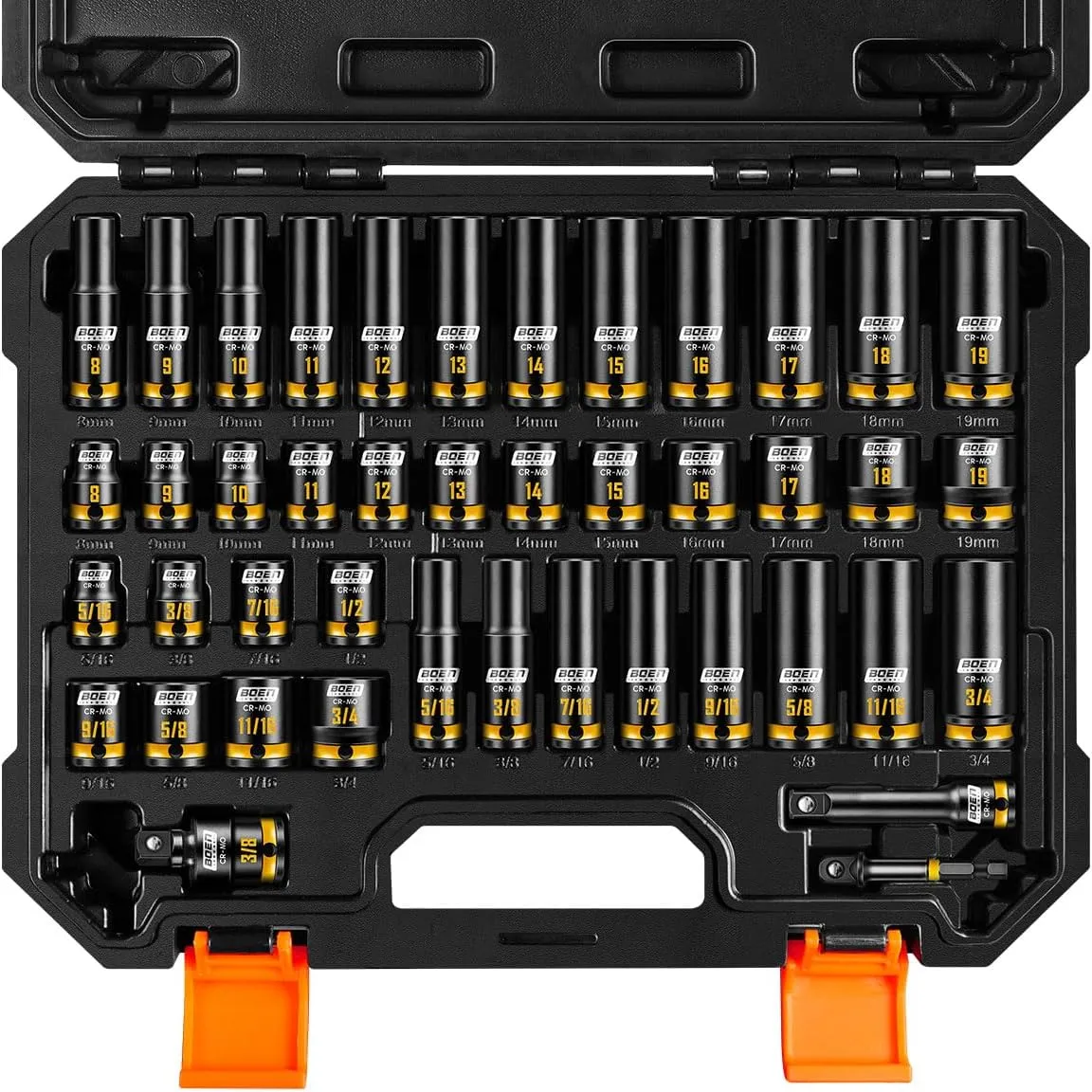 BOEN Pro 3/8" Drive Impact Socket Set, 43-Piece SAE(5/16"-3/4") & Metric(8-19mm) set, 6-Point Deep & Shallow Kit with Deep Embossed and Painted Marking, CR-MO, Includes Extension Bar, Universal Joint