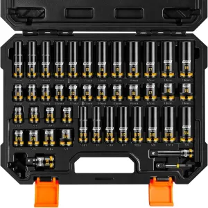 BOEN Pro 3/8" Drive Impact Socket Set, 43-Piece SAE(5/16"-3/4") & Metric(8-19mm) set, 6-Point Deep & Shallow Kit with Deep Embossed and Painted Marking, CR-MO, Includes Extension Bar, Universal Joint