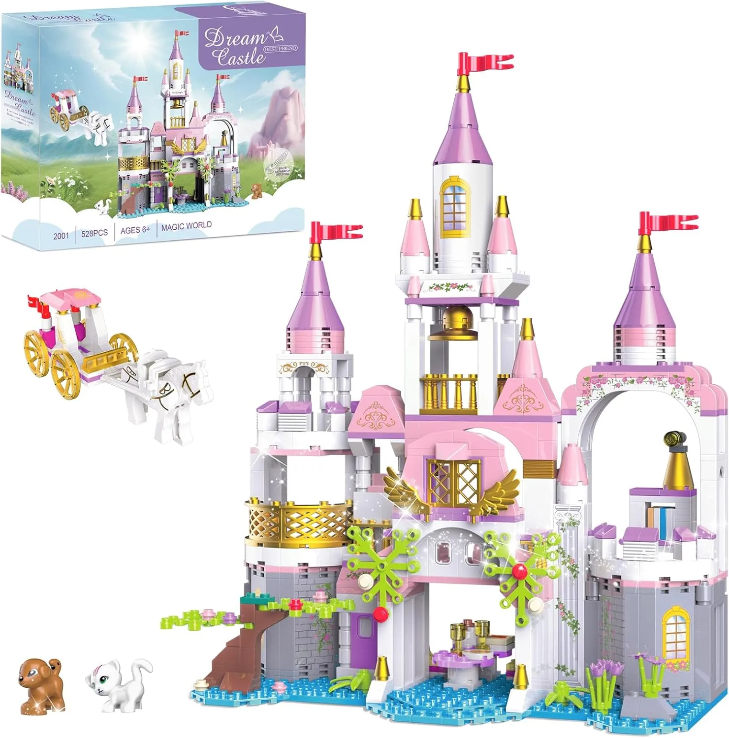 BRICK STORY Dream Girls Princess Castle with Carriage Building Blocks 528 Pieces Pink Castle Toys for Girls 6-12 Years Old Palace Creative STEM Building Toys Gift for Kids Birthday Christmas