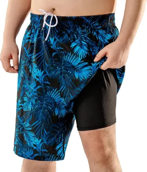 BRISIRA Big and Tall Mens Swim Trunks with Compression Liner Swimsuit Bathing Suit Swim Shorts Board Shorts Quick Dry 1X-6X