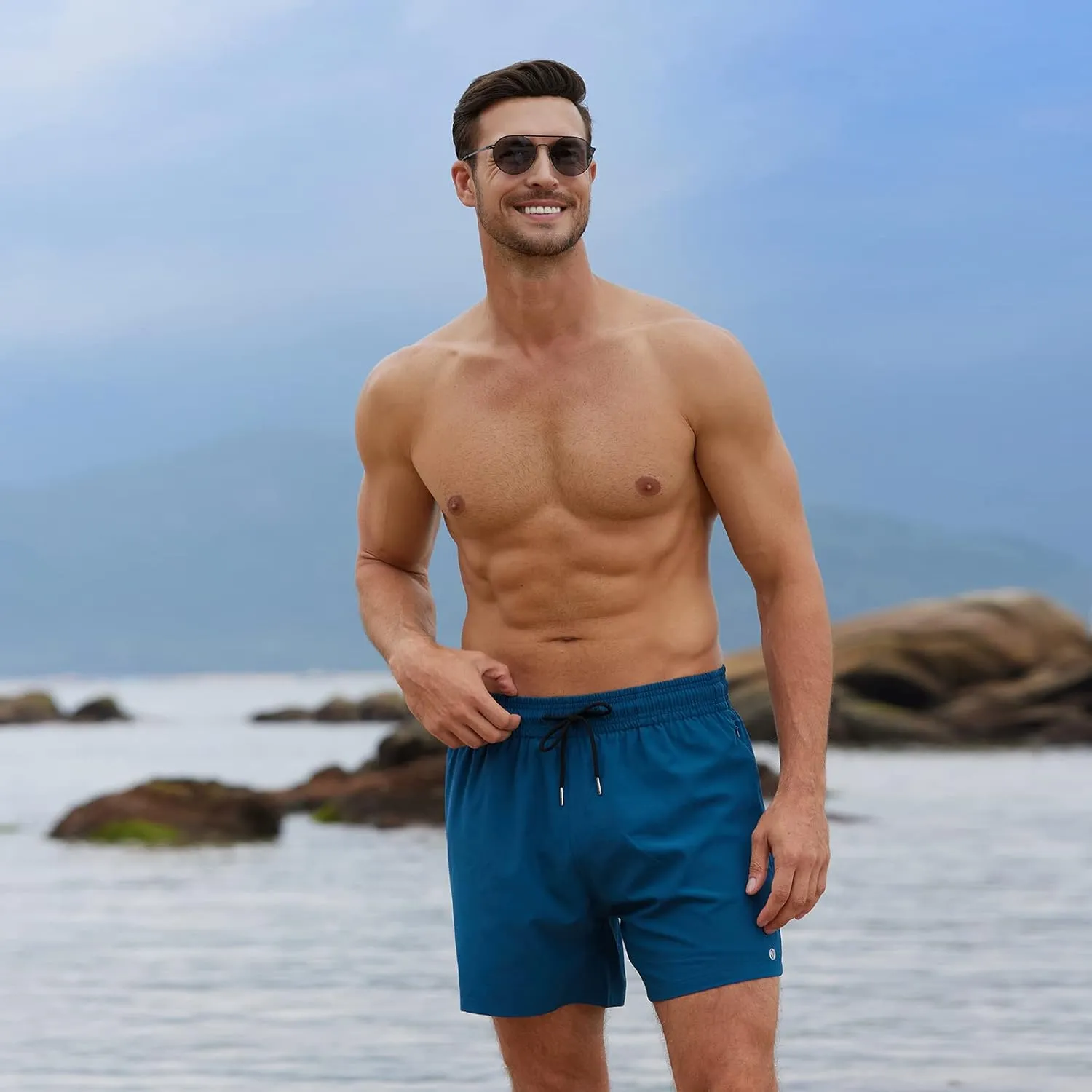 BRISIRA Mens Swim Trunks Bathing Suit 5 Inch Inseam Compression Liner Beach Swim Shorts Swimwear Quick Dry Zipper Pocket