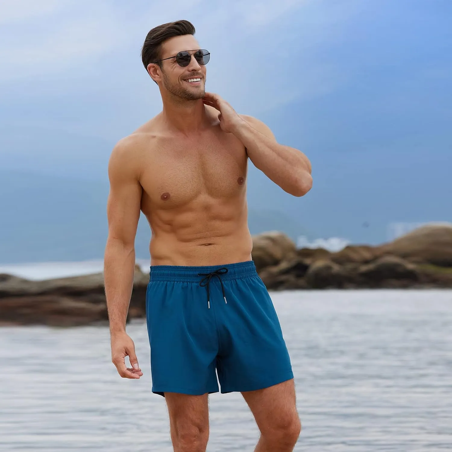 BRISIRA Mens Swim Trunks Bathing Suit 5 Inch Inseam Compression Liner Beach Swim Shorts Swimwear Quick Dry Zipper Pocket