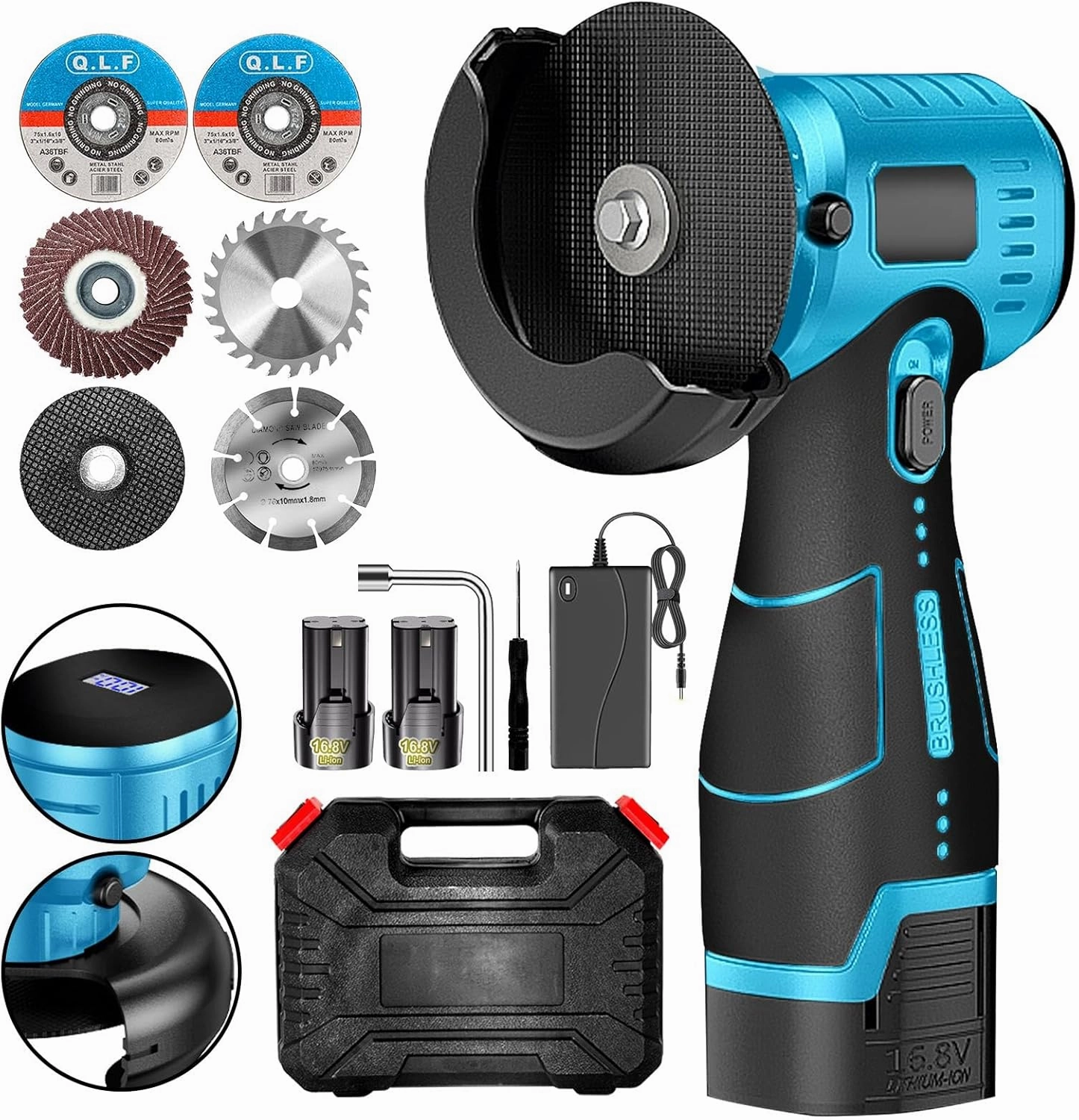 Brushless Cordless Angle Grinder Kit, 19500rpm Mini Electric Angle Grinding Tool with 2x16.8V 2000mAh Battery and 6-Cutting Discs, Grinder Handheld Cutter for Metal Wood