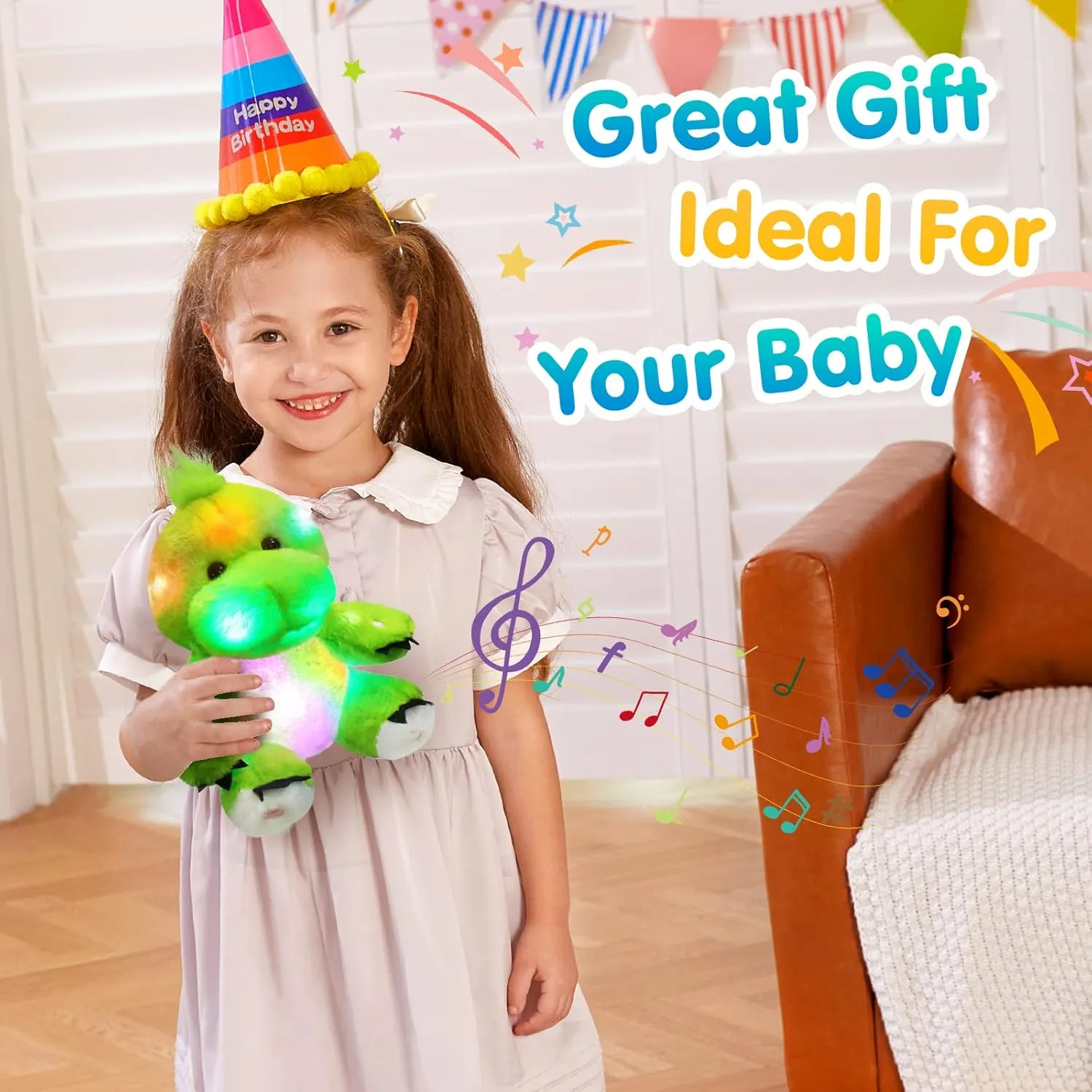 BSTAOFY 11'' Light Up Dinosaur Stuffed Animals Cute LED T-Rex Soft Plush Toy Glow in The Dark Gifts for Kids Boys Girls Valentines Birthday Holiday, Green