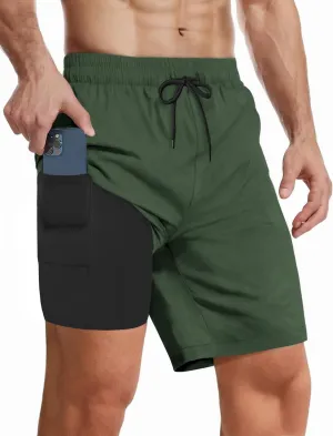 Buauty Mens Swim Trunks with Compression Liner 7 Inch Inseam Quick Dry Swim Shorts Mens Swimsuit Board Shorts with Pockets