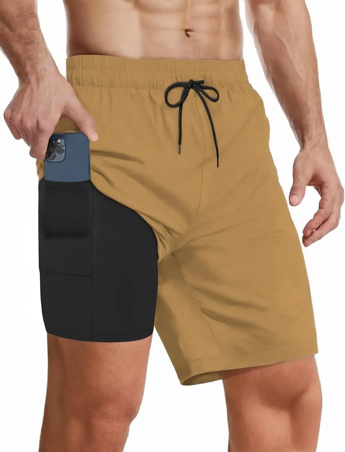 Buauty Mens Swim Trunks with Compression Liner 7 Inch Inseam Quick Dry Swim Shorts Mens Swimsuit Board Shorts with Pockets