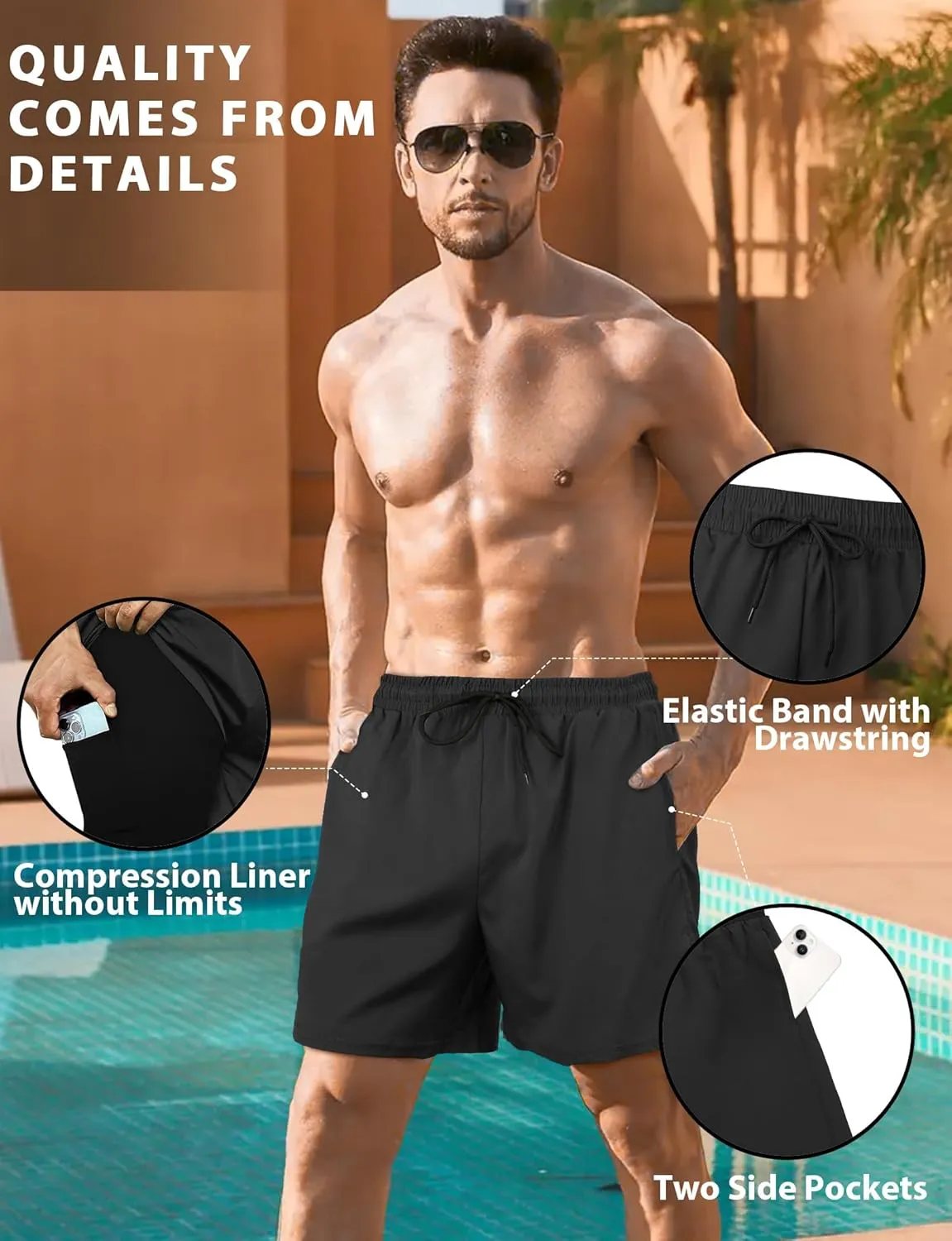 Buauty Mens Swim Trunks with Compression Liner 7 Inch Inseam Quick Dry Swim Shorts Mens Swimsuit Board Shorts with Pockets