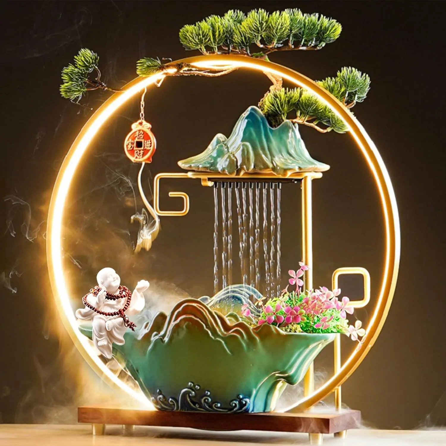Buddha Statue Tabletop Fountain Indoor Waterfall Fountain with Lights Indoor Water Fountain with Pump Fogger Waterfall Incense Burner Fake Plants Zen Decor for Home Office Bedroom Living Room