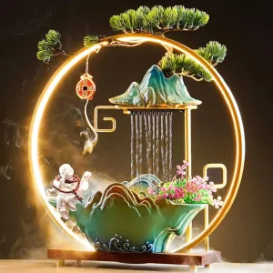 Buddha Statue Tabletop Fountain Indoor Waterfall Fountain with Lights Indoor Water Fountain with Pump Fogger Waterfall Incense Burner Fake Plants Zen Decor for Home Office Bedroom Living Room