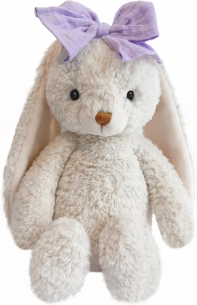 Bunny Stuffed Animal Soft Rabbit Cuddly Toy 10'' Long - Eared Plush Bunny with Purple Bow Plush Toys for Babies and Toddlers